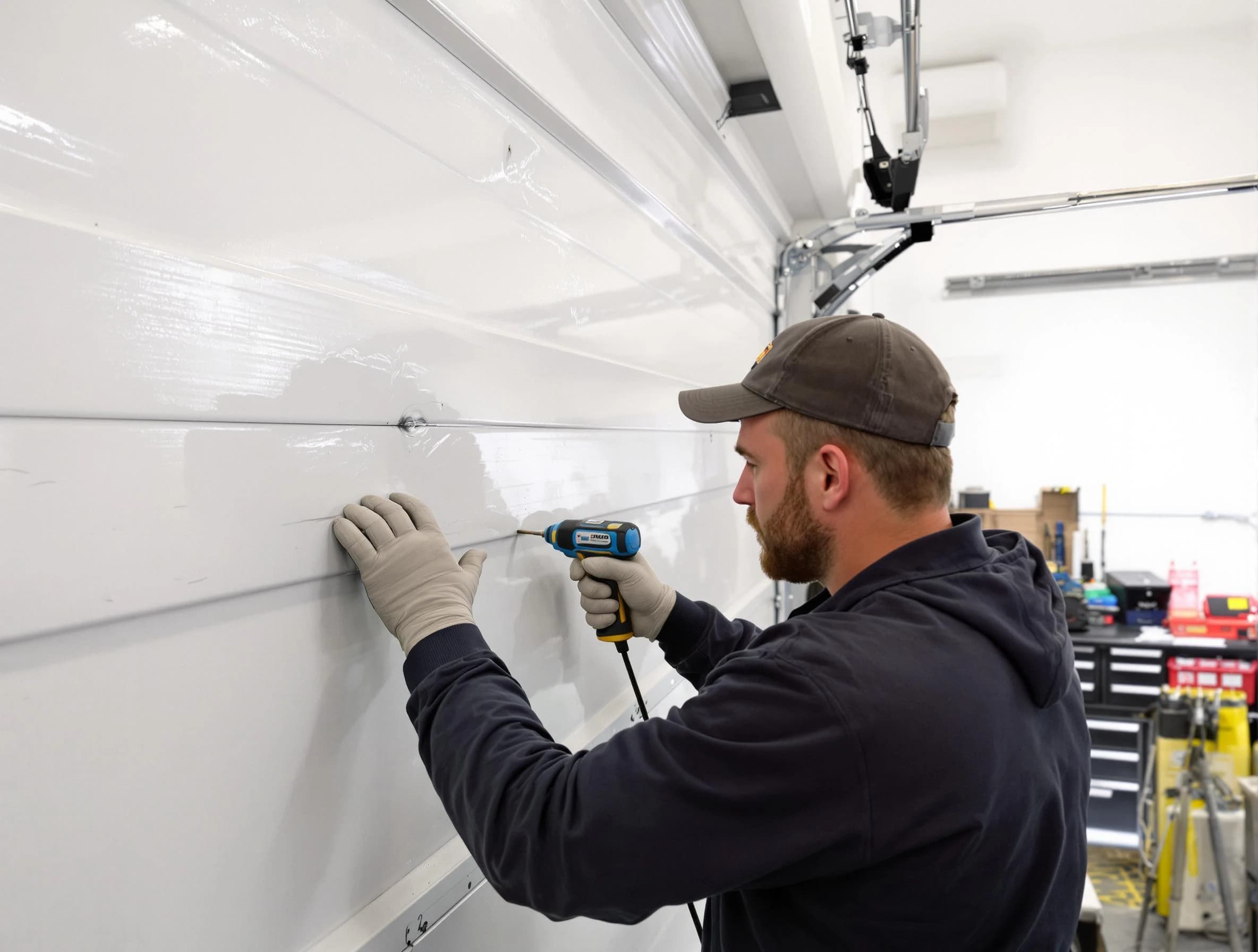 Syracuse Garage Door Repair technician demonstrating precision dent removal techniques on a Syracuse garage door