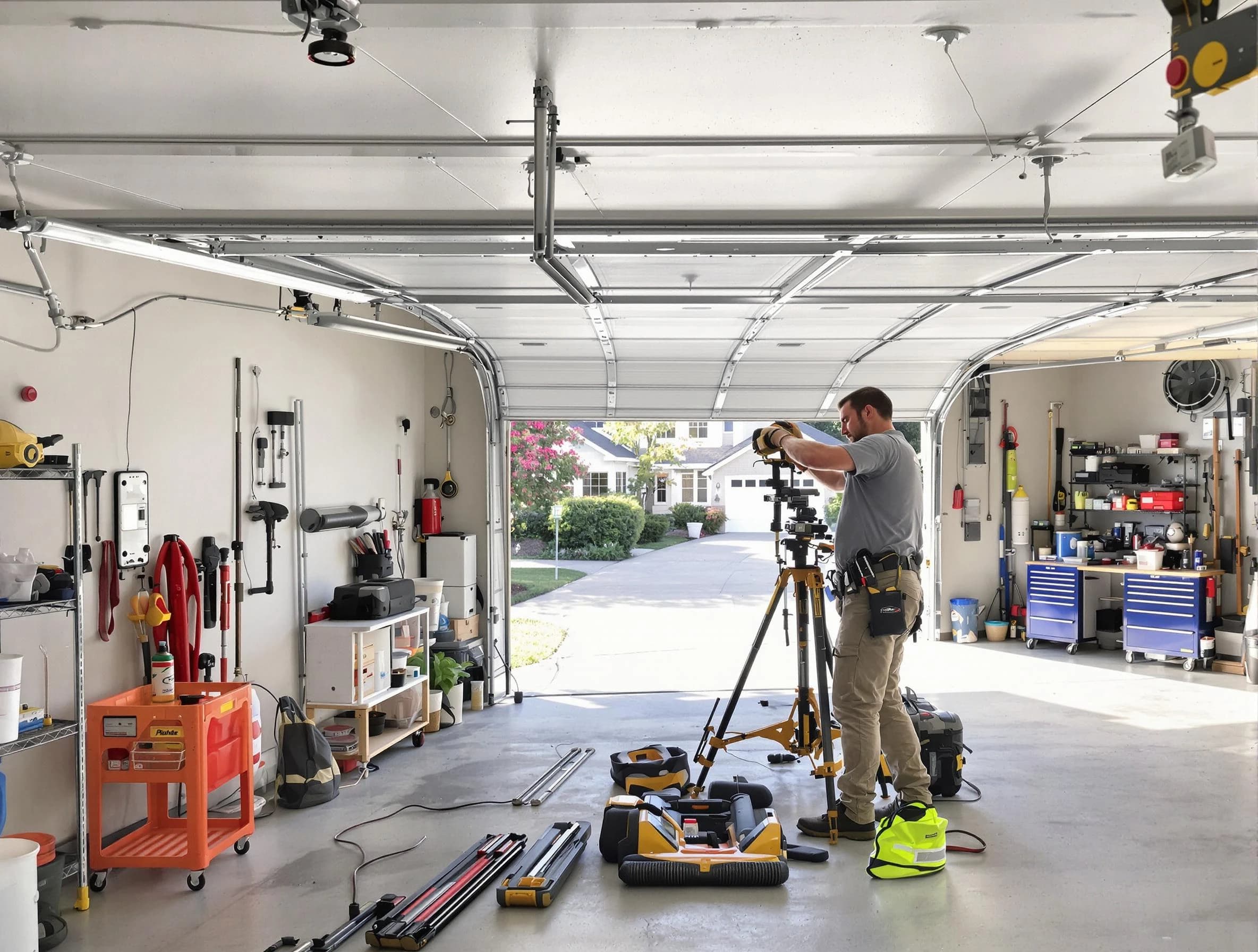 Syracuse Garage Door Repair specialist performing laser-guided track alignment in Syracuse