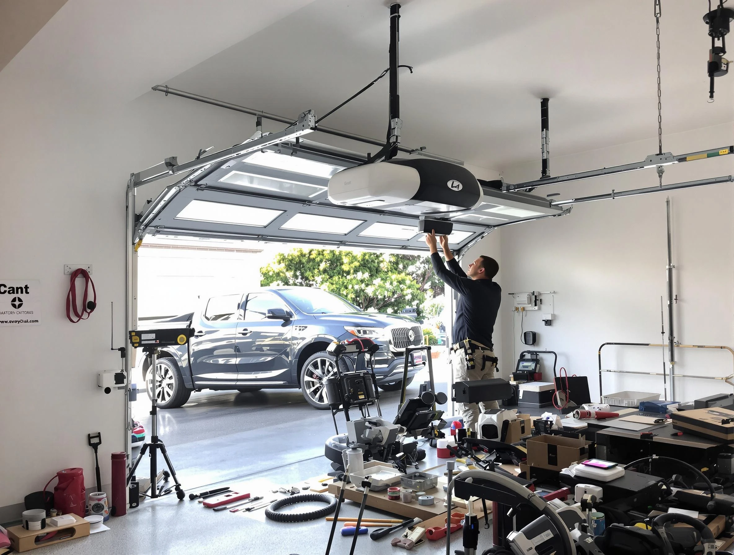 Syracuse Garage Door Repair specialist installing smart garage door opener system in Syracuse home